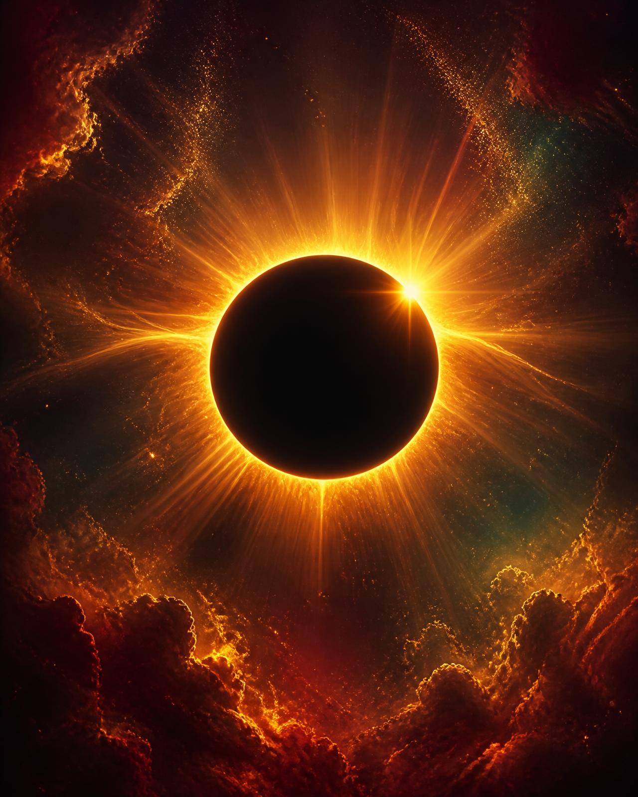A total solar eclipse with golden sunbeams bursting from behind the dark ring
